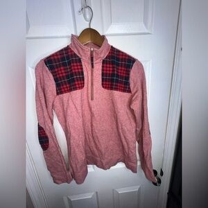 Orvis Women’s Small Red Heathered Plaid Elbow Patch 1/4 Zip Mock Neck Sweater S